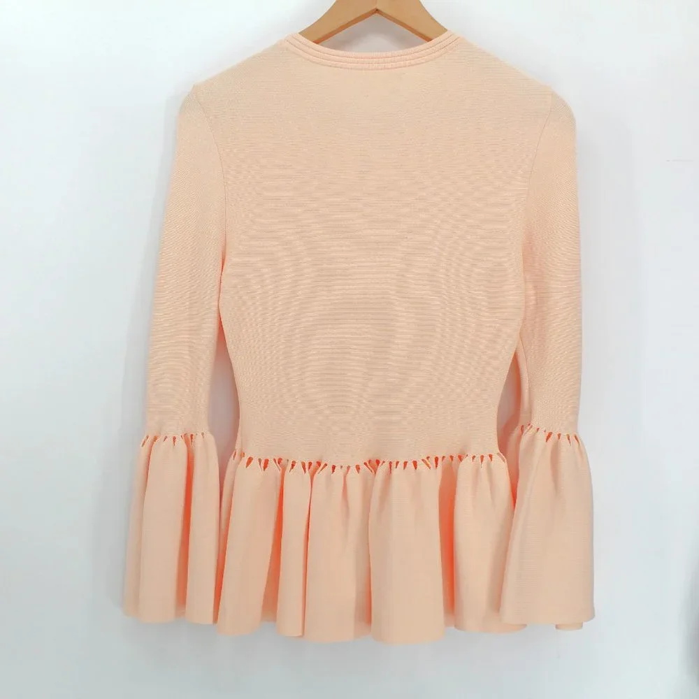 Jonathan Simkhai Stretch Knit Bell Sleeve Peplum Top Blush Cut Out Jewel Neck - Picture 7 of 13
